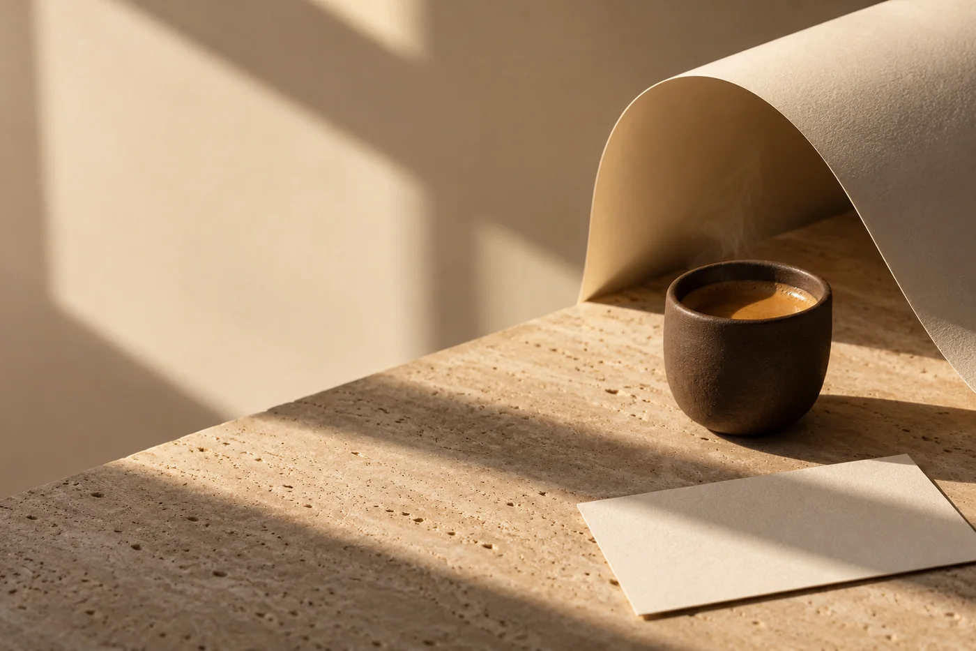 Cerâmica em tons de café e papel creme sob luz natural